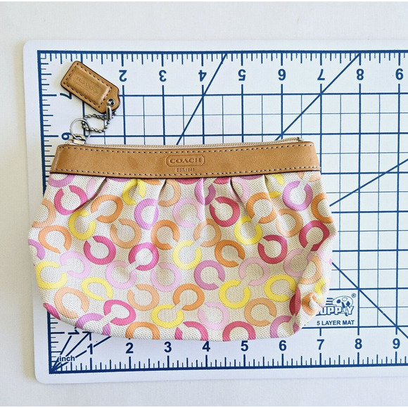 Coach Wristlet Pink Op Art Signature Zip Clutch Vachetta Leather Trim Retro Y2K - Picture 11 of 12